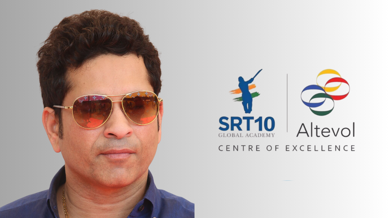 Sachin Tendulkar with SRT10 Global Academy and Altevol Centre of Excellence logos in cricket training context