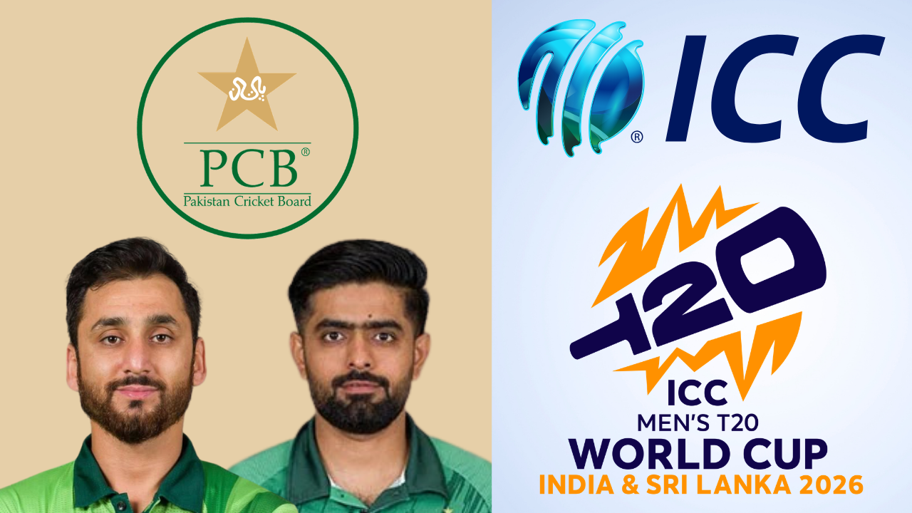 Salman Ali Agha and Babar Azam alongside Pakistan Cricket Board (PCB), ICC and ICC Men’s T20 World Cup 2026 logos.