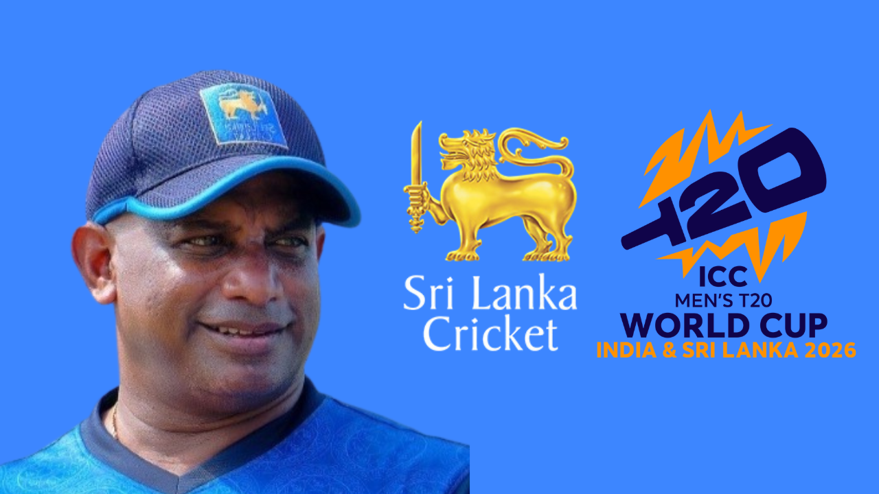 Sanath Jayasuriya alongside Sri Lanka Cricket logo and ICC Men’s T20 World Cup 2026 India and Sri Lanka branding graphic.