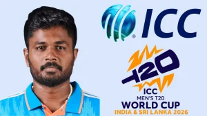 Sanju Samson pictured alongside ICC logo and ICC Men’s T20 World Cup 2026 India and Sri Lanka branding.