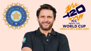 Shahid Afridi alongside BCCI logo and ICC Men’s T20 World Cup 2026 logo for the tournament in India and Sri Lanka.