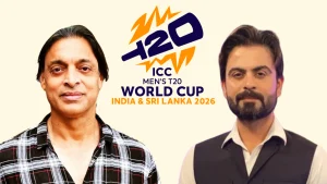 Shoaib Akhtar and Ahmed Shehzad alongside the ICC Men’s T20 World Cup 2026 logo for the tournament hosted by India and Sri Lanka.