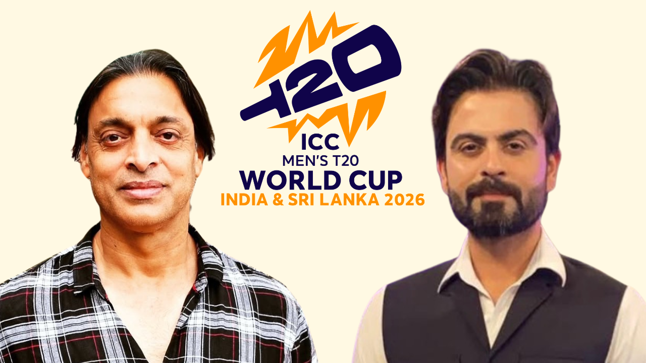 Shoaib Akhtar and Ahmed Shehzad alongside the ICC Men’s T20 World Cup 2026 logo for the tournament hosted by India and Sri Lanka.