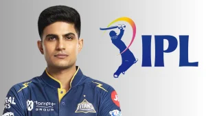 Shubman Gill in Gujarat Titans jersey alongside IPL logo, Indian Premier League cricket player portrait