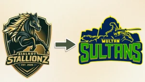 Sialkot Stallionz logo transitioning to Multan Sultans logo representing Pakistan Super League franchise branding.