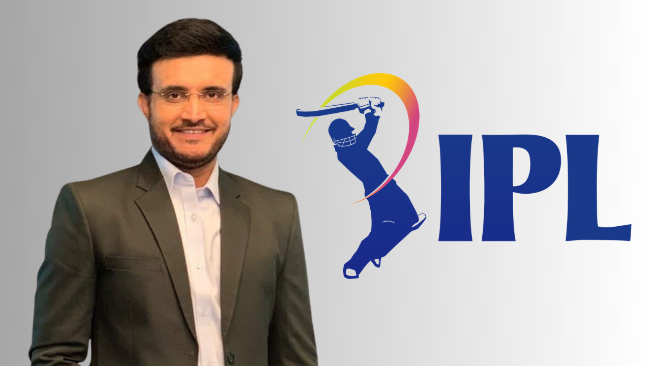 Sourav Ganguly former Indian cricketer with Indian Premier League IPL logo displayed beside him
