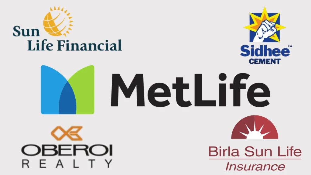 Logos of Sun Life Financial, MetLife, Birla Sun Life Insurance, Sidhee Cement, and Oberoi Realty representing major corporate brands.