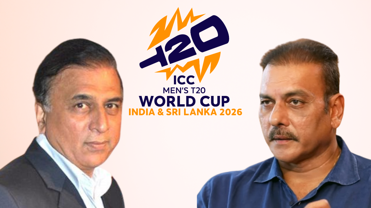 Sunil Gavaskar and Ravi Shastri featured alongside ICC Men’s T20 World Cup 2026 India and Sri Lanka logo.