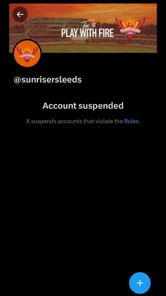 Sunrisers Leeds X (Twitter) account page showing account suspended message on the platform.