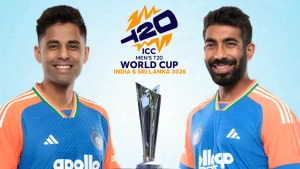 Suryakumar Yadav and Jasprit Bumrah with the ICC Men’s T20 World Cup 2026 logo and trophy representing the tournament in India and Sri Lanka.
