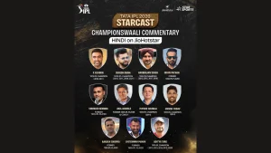 Tata IPL 2026 Starcast Hindi commentary panel on JioHotstar featuring R Ashwin, Suresh Raina, Harbhajan Singh, Irfan Pathan, Virender Sehwag, Anil Kumble, Piyush Chawla, Umesh Yadav, Aakash Chopra, Cheteshwar Pujara and Aditya Tare