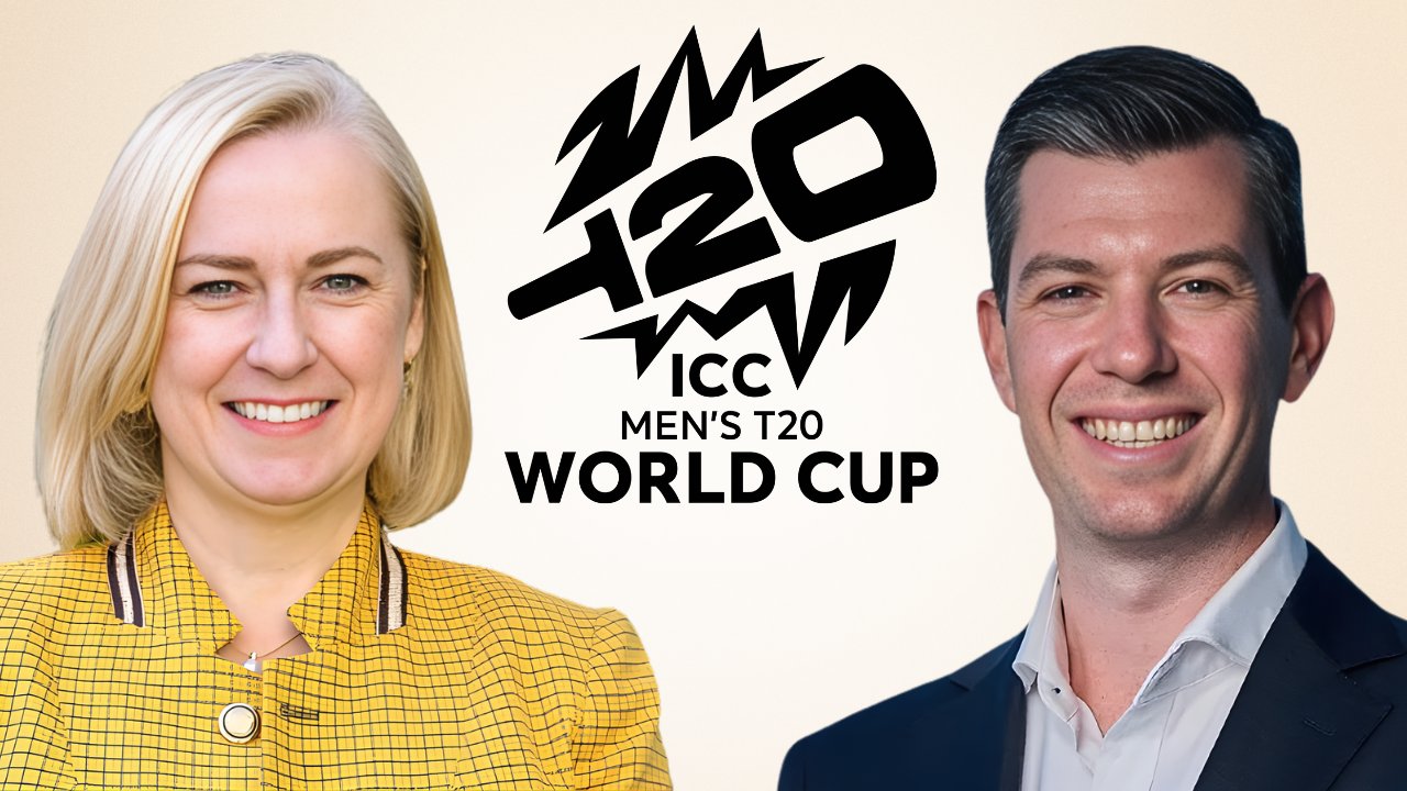 Dame Therese Walsh and Joel Morrison pictured with the ICC Men’s T20 World Cup logo.