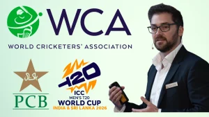 World Cricketers’ Association CEO Tom Moffat with logos of WCA, Pakistan Cricket Board and the ICC Men’s T20 World Cup 2026.