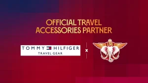 Tommy Hilfiger Travel Gear announced as official travel accessories partner of Lucknow Super Giants (LSG) in IPL collaboration graphic.