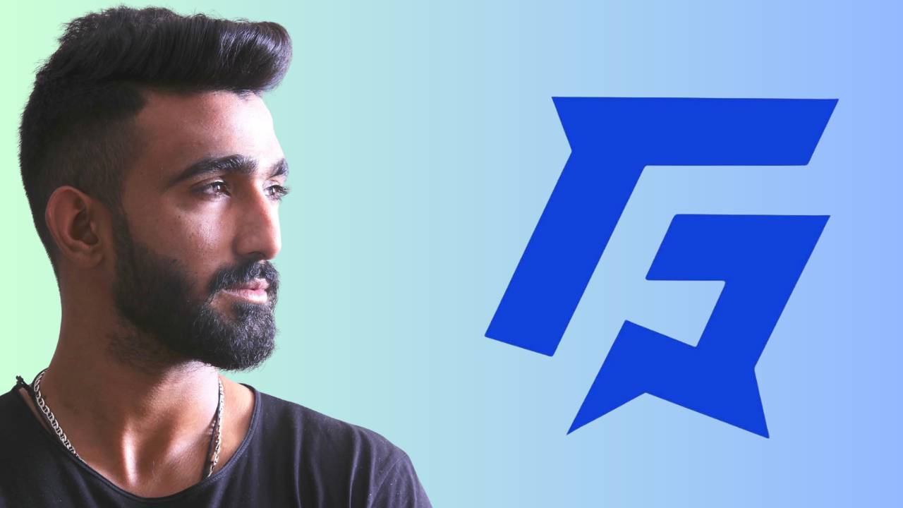 Usama Mir portrait alongside Gym Armour logo representing brand endorsement or collaboration with fitness apparel company