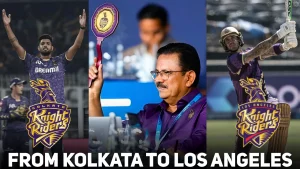Venky Mysore with Kolkata Knight Riders and Los Angeles Knight Riders visuals highlighting KKR’s expansion from Kolkata to Los Angeles in Major League Cricket.