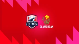Washington Freedom and Glamorgan logos displayed on red background representing a cricket match matchup banner