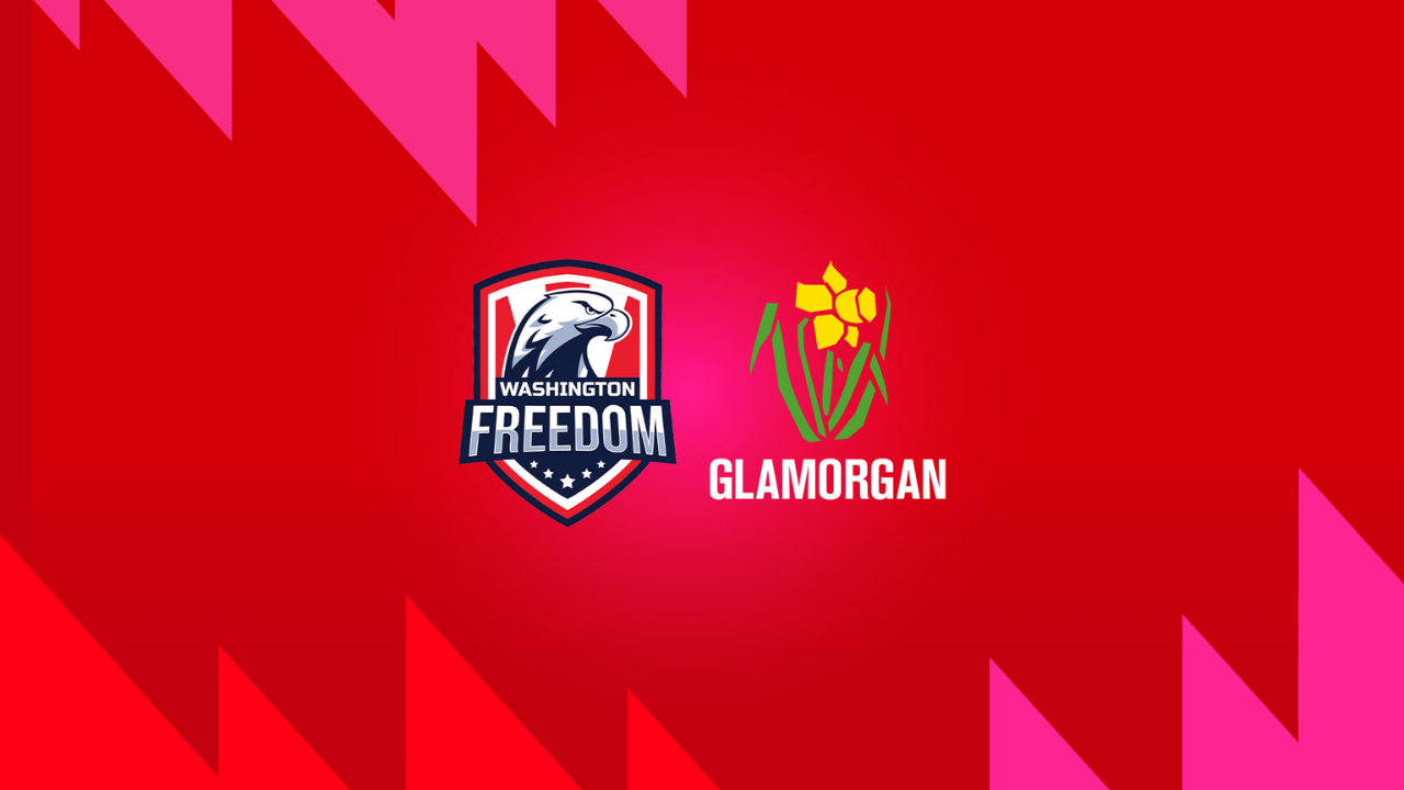 Washington Freedom and Glamorgan logos displayed on red background representing a cricket match matchup banner