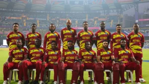 West Indies men’s cricket team squad posing for official team photo during an ICC T20 World Cup match at the stadium.