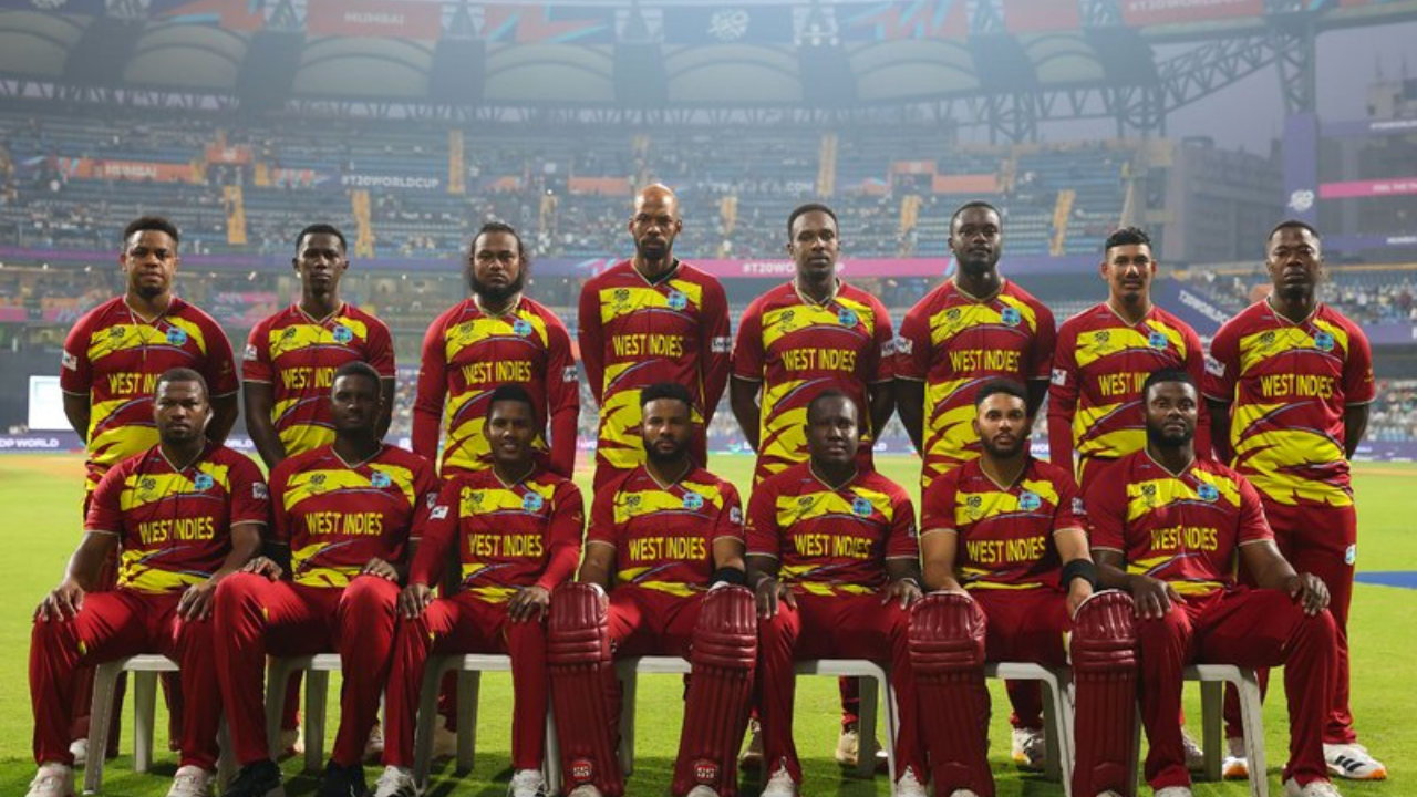 West Indies men’s cricket team squad posing for official team photo during an ICC T20 World Cup match at the stadium.