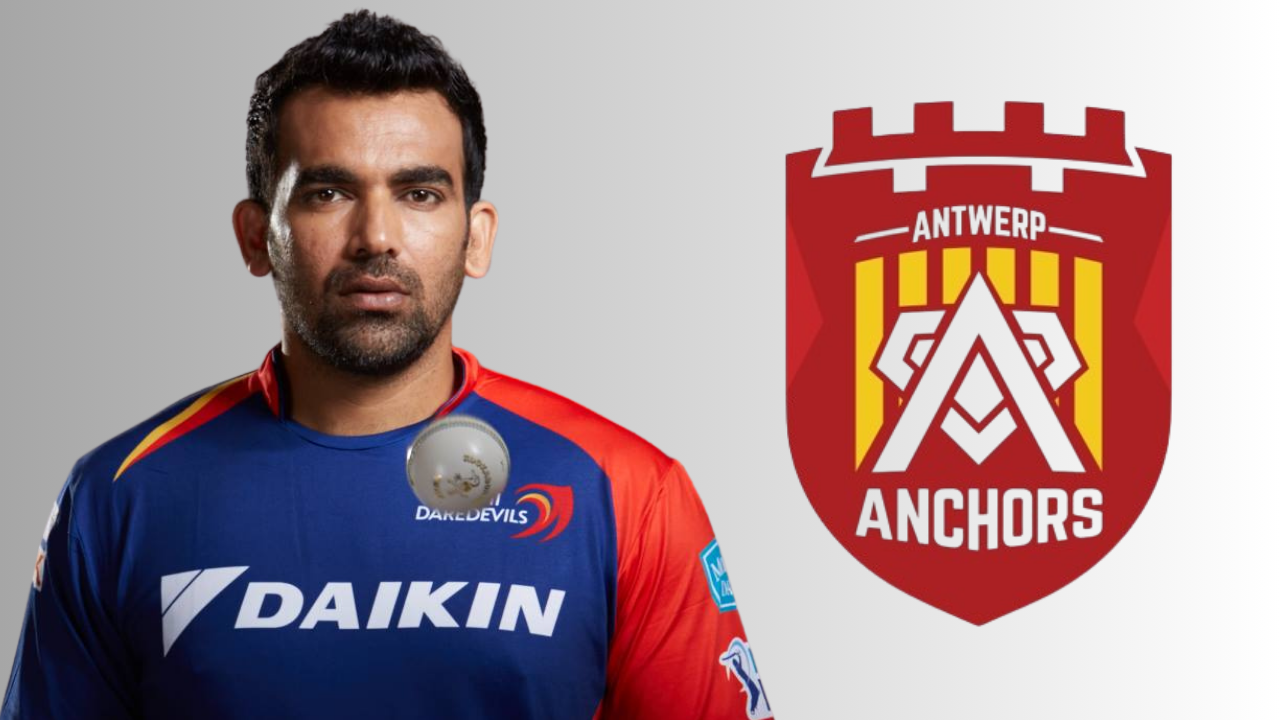 Former India fast bowler Zaheer Khan with the Antwerp Anchors logo representing the European cricket franchise.
