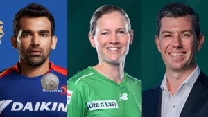Composite image of former India cricketer Zaheer Khan, Australian cricket captain Meg Lanning, and sports executive Joel Morrison in separate portrait photos.