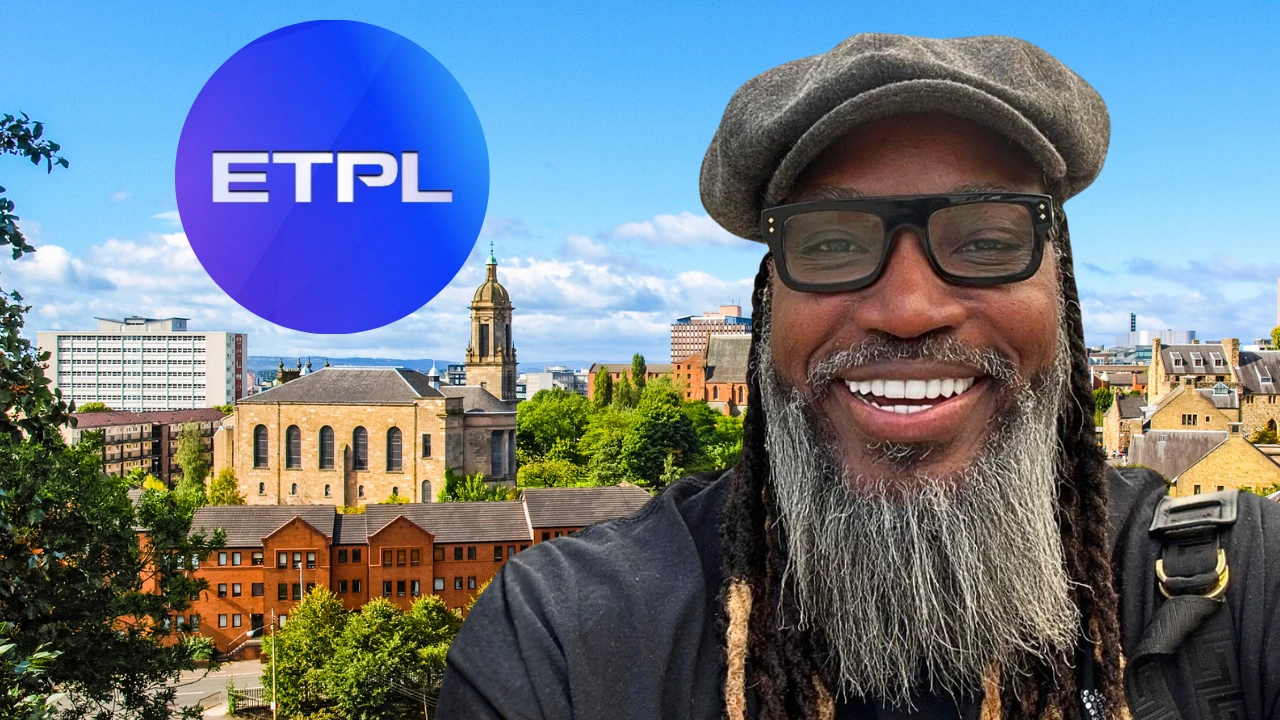 Chris Gayle alongside ETPL logo with Glasgow city background representing new cricket league association