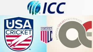 ICC, USA Cricket, Major League Cricket, and American Cricket Enterprises logos representing cricket governance and leagues in the United States
