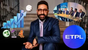 Abhishek Bachchan with ETPL branding and European cricket boards logos highlighting franchise growth strategy in Europe