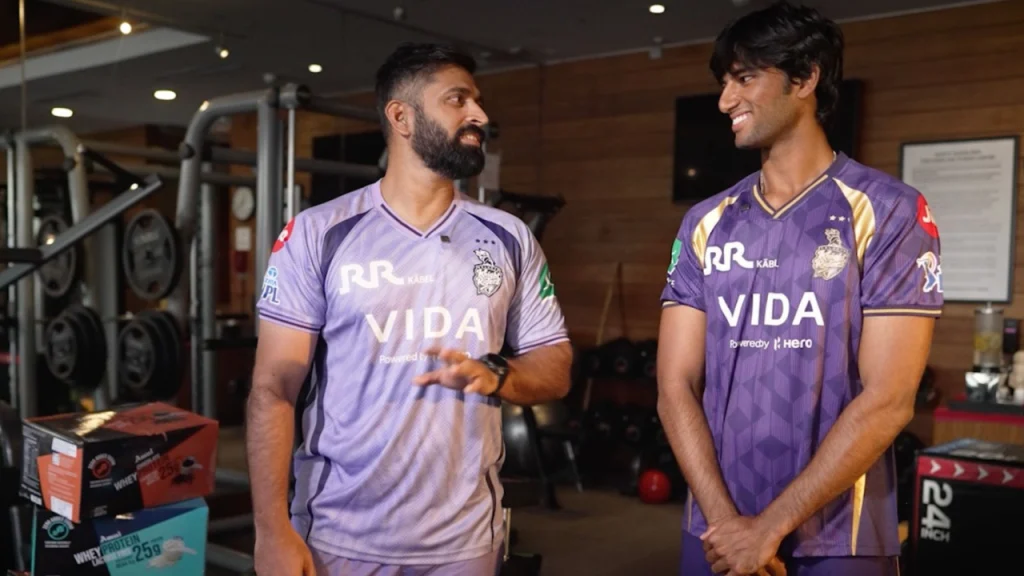 KKR head coach Abhishek Nayar with Angkrish Raghuvanshi during indoor gym training session with fitness equipment