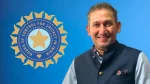 Ajit Agarkar portrait alongside BCCI Board of Control for Cricket in India logo on blue background representing Indian cricket leadership