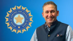 Ajit Agarkar portrait alongside BCCI Board of Control for Cricket in India logo on blue background representing Indian cricket leadership