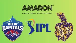 Amaron logo with IPL branding alongside Delhi Capitals and Kolkata Knight Riders logos on a green background promotional banner.