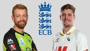 Andrew McDonald and Cameron Green with ECB logo representing England and Australia cricket series context