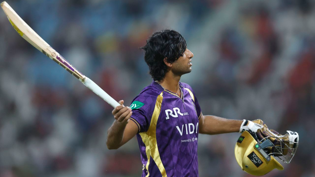 KKR batter Angkrish Raghuvanshi celebrating with bat and helmet during IPL match