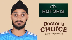 Arshdeep Singh portrait with Rotors and Doctor’s Choice logos representing brand partnership and endorsement in cricket
