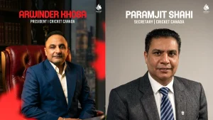 Portraits of Arwinder Khosa, President of Cricket Canada, and Paramjit Shahi, Secretary of Cricket Canada in formal attire