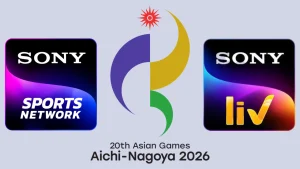 Logos of Sony LIV and Sony Sports Network alongside 2026 Asian Games Aichi Nagoya branding indicating broadcast coverage
