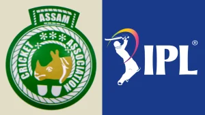 Assam Cricket Association logo alongside IPL Indian Premier League logo on split background representing domestic and franchise cricket branding.