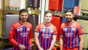 Avesh Khan, Matthew Breetzke and Himmat Singh in LSG jerseys during Tommy Hilfiger travel gear store visit in Lucknow