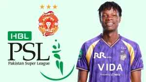 Blessing Muzarabani featured alongside HBL PSL Pakistan Super League and Islamabad United logos highlighting franchise association