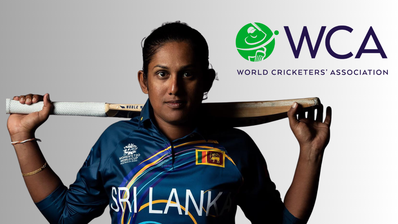 Chamari Athapaththu holding a cricket bat over her shoulders in Sri Lanka jersey with World Cricketers’ Association WCA logo on a grey background.
