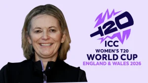 Charlotte Edwards alongside ICC Women's T20 World Cup 2026 logo for England and Wales tournament announcement
