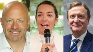 Chris Goodman, Michelle Leavesley and Ian McFarlane in professional headshots, with Michelle speaking into a microphone at an event