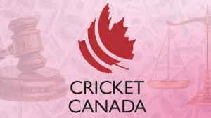 Cricket Canada logo with background of money, gavel and scales symbolizing legal and financial investigation in cricket governance