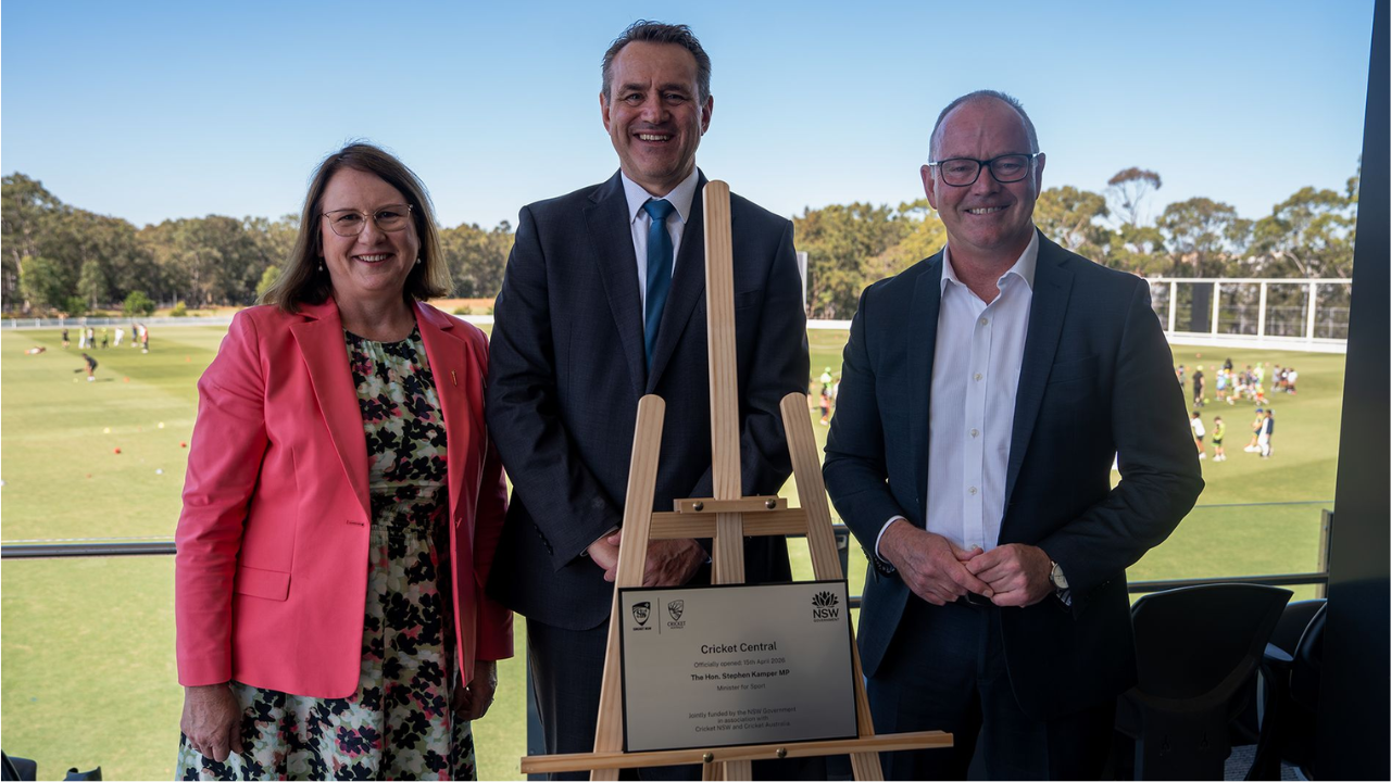 Donna Davis MP, Stephen Kamper MP and Lee Germon at Cricket Central NSW announcement event overlooking cricket fields
