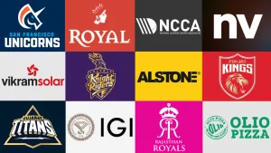 Collage of cricket franchise and sponsor logos including Kolkata Knight Riders, Rajasthan Royals, Punjab Kings, Gujarat Titans, San Francisco Unicorns, and various brand partners.