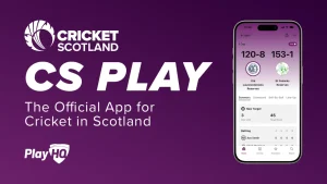 Cricket Scotland CS Play app promotional graphic showing mobile scoreboard interface and PlayHQ branding for official cricket app in Scotland