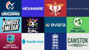 Collage of cricket and corporate logos including CPL, ECB, Cricket Ireland, LSG, Hexaware, Republic Bank, and other global sponsors and teams.