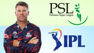 David Warner with IPL and PSL logos representing Indian Premier League and Pakistan Super League cricket tournaments